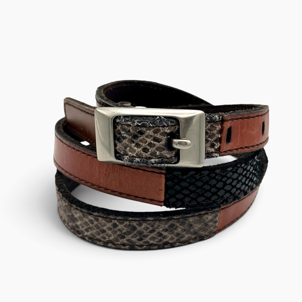 Fossil Skinny Leather Belt Brown Black Snakeskin Patchwork Silver Buckle Medium